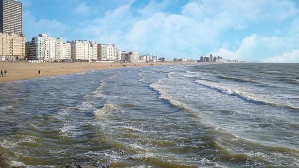 Una playa con olas, una orilla arenosa y una hilera de edificios al fondo.