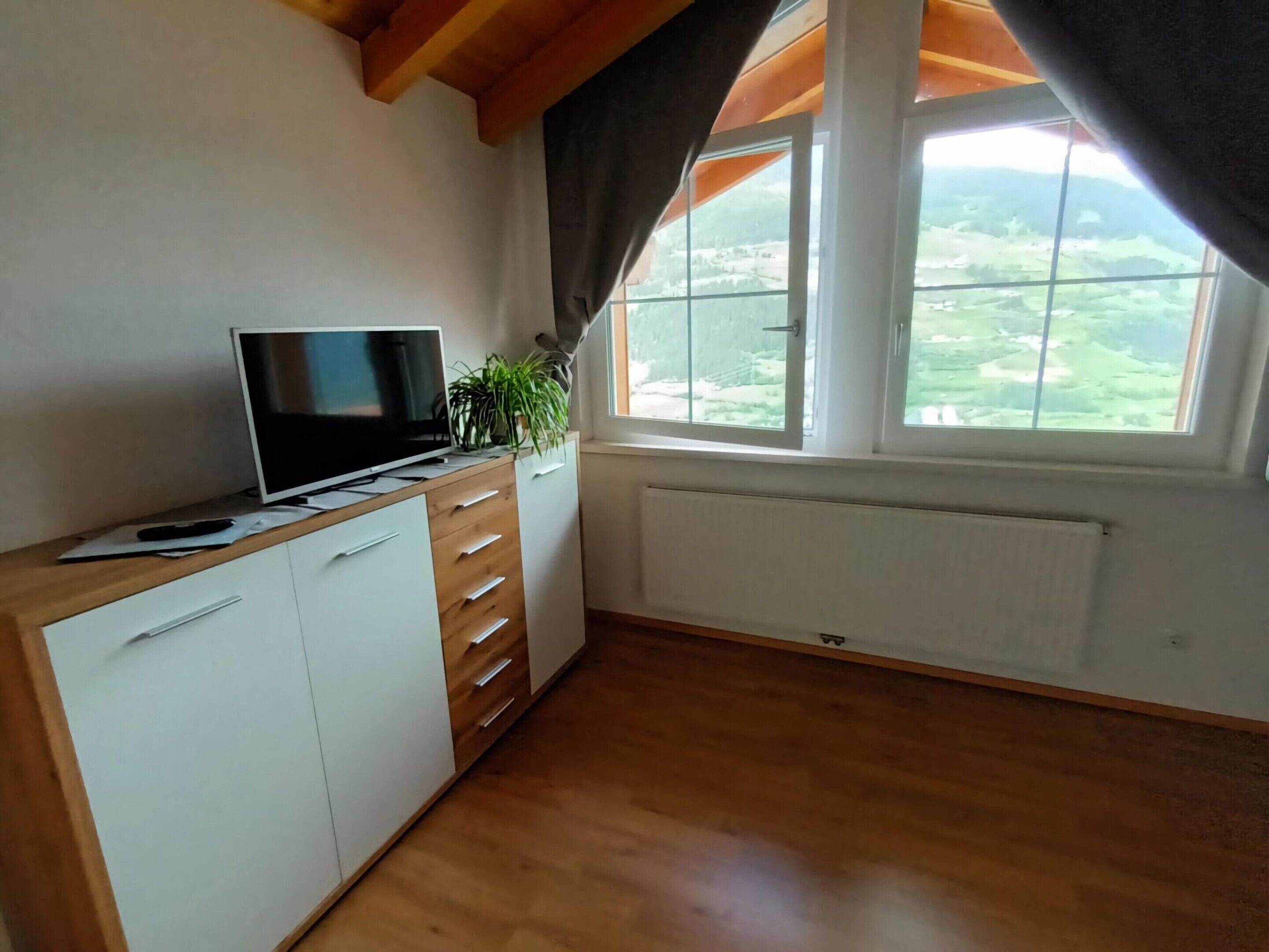 A room with a wooden desk, a television, a radiator, and a window with a view of a green landscape.
