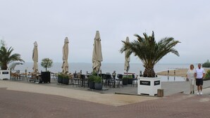 Ett utomhusområde med sittplatser, bord och parasoller, en palm och utsikt över havet.
