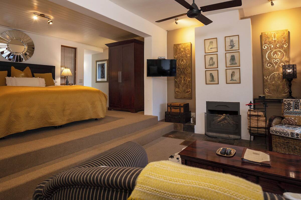Ein Hotelzimmer mit Bett, Fernseher, Kamin und Sofa.