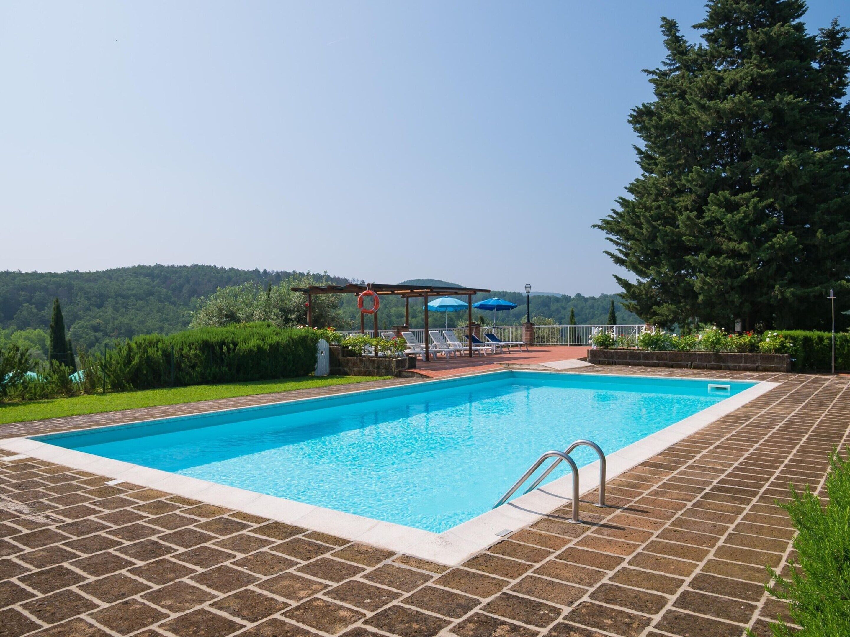 A rectangular swimming pool with a tiled deck, surrounded by greenery and a pergola with umbrellas.