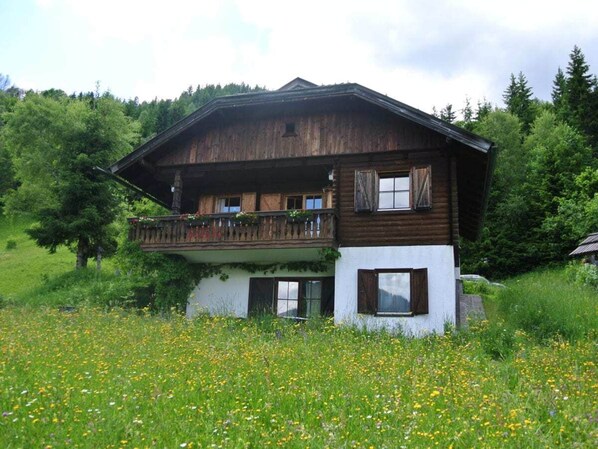 A traditional wooden chalet with a balcony, surrounded by a lush green field. - The Karl Anton Hutte (Ferlach)