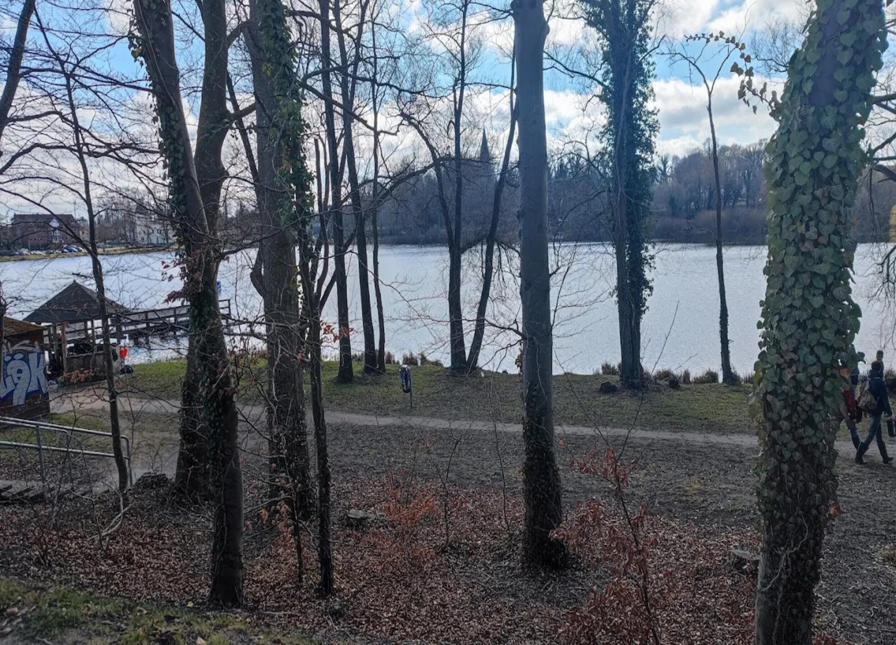 A lakeside park with trees, a gazebo, and a path leading to the water.