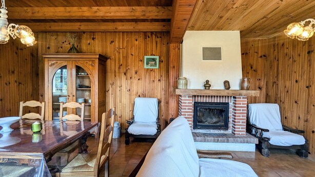 Ein gemütliches Holzinterieur mit Essbereich, Kamin und einer Couch.