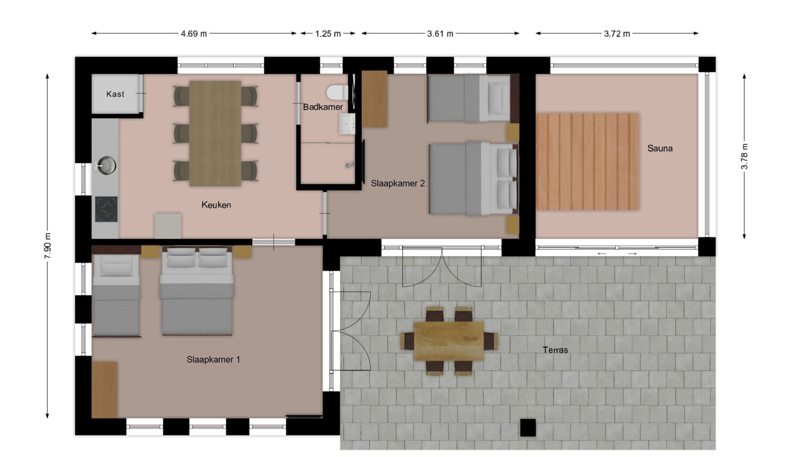 A hotel layout with a kitchen, two bedrooms, a sauna, and a dining area.