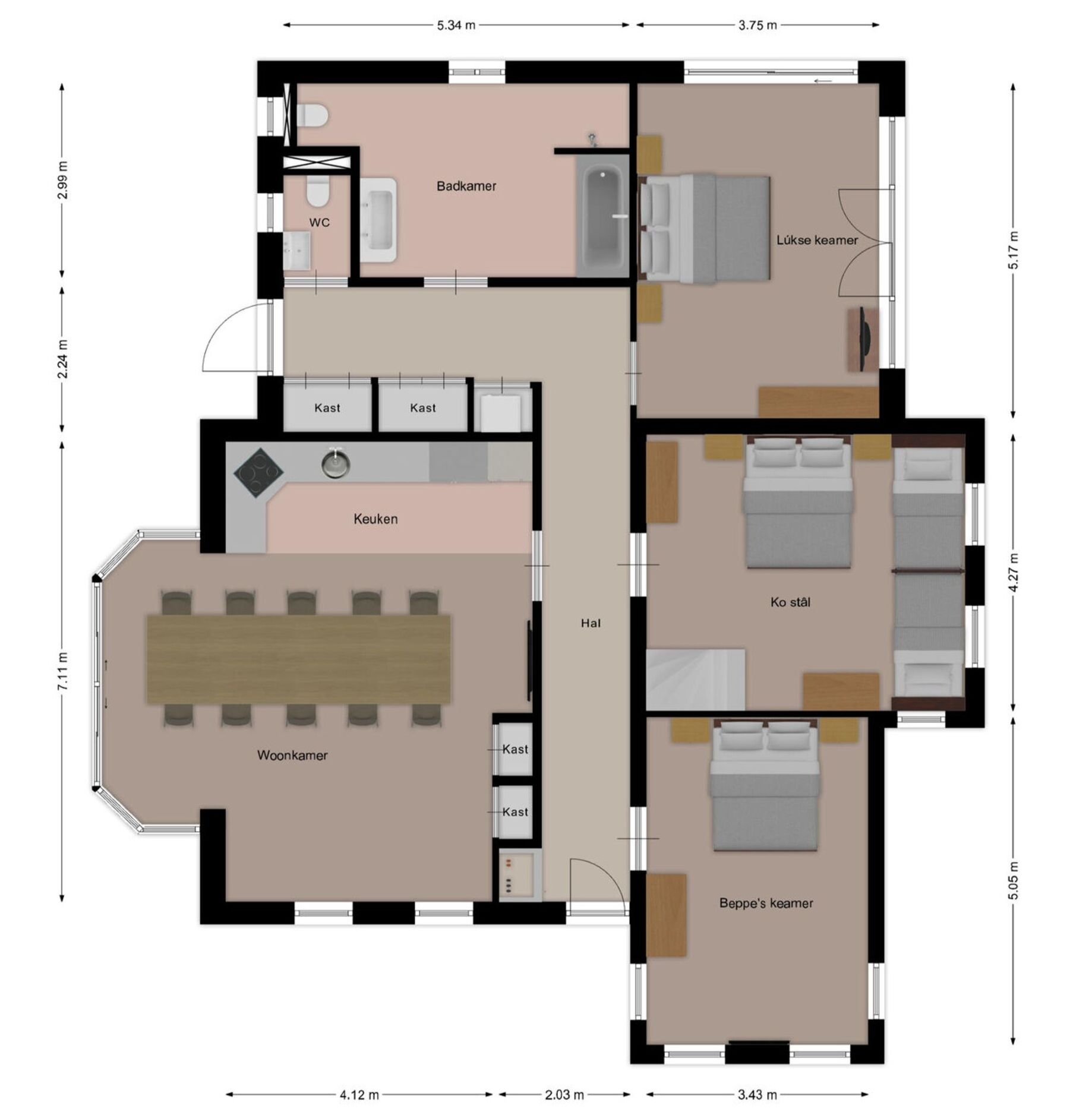 En planritning över ett hotell med en stor matsal, flera sovrum, ett kök och ett badrum.