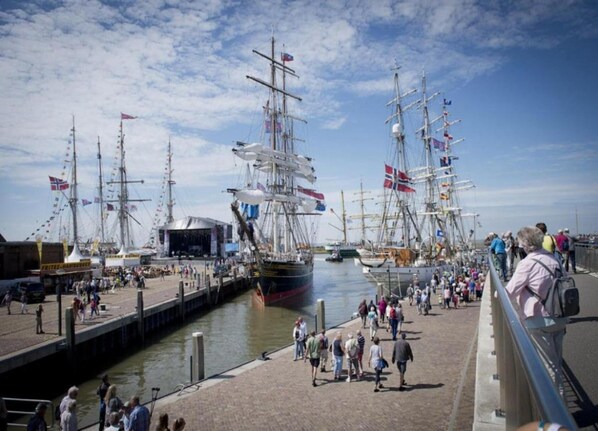 A harbor with several tall ships docked, a crowd of people walking along the dock, and a stage set up for an event. - Cottage in Menaam Near Frisian Landscape (Menaldum)