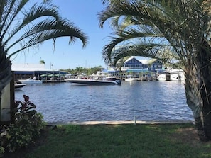 A marina with boats docked, a building with a blue roof, and palm trees.