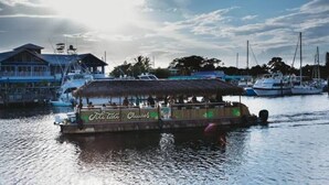 Un bateau doté d’un toit de chaume et portant l’inscription « Tiki Taka Cruises » sur sa coque est amarré dans une marina, où se trouvent d’autres bateaux et, au loin, un bâtiment.