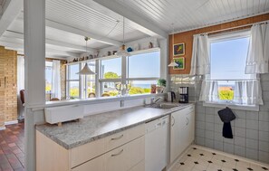 Fridge, stovetop, dishwasher, coffee/tea maker