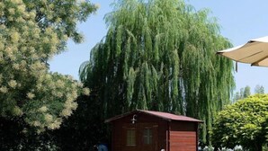A small wooden cabin by a pond with a weeping willow tree in the background. - Corte all'Olmo (Verona)