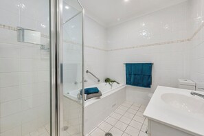 Shower, hair dryer, towels