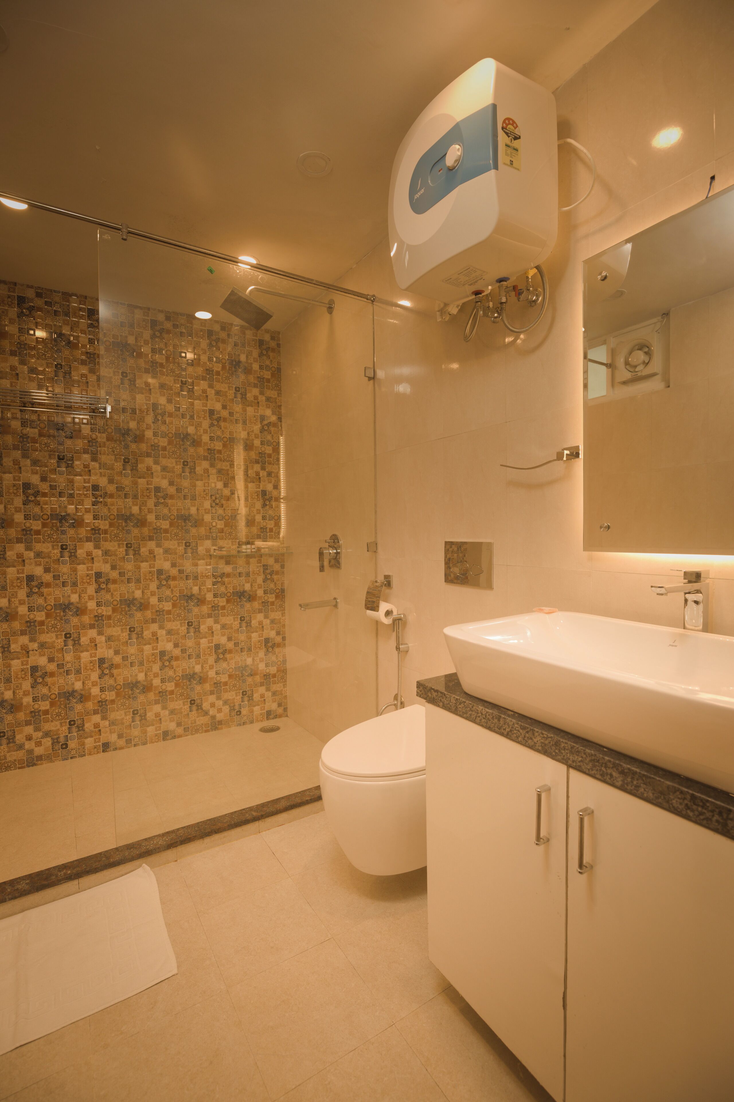 Shower, towels, soap, shampoo