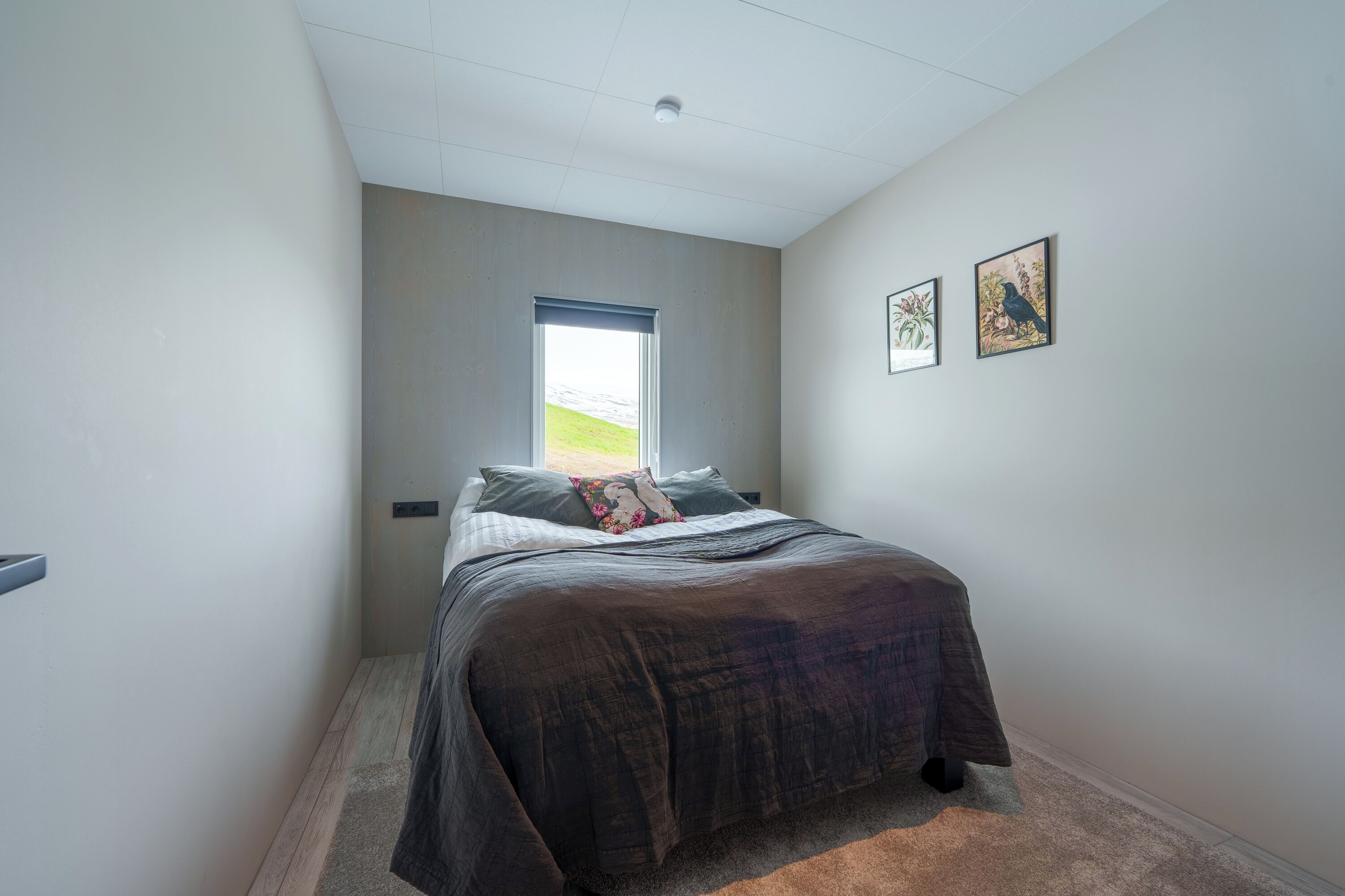 A bedroom with a bed, a window, and two framed pictures on the wall.