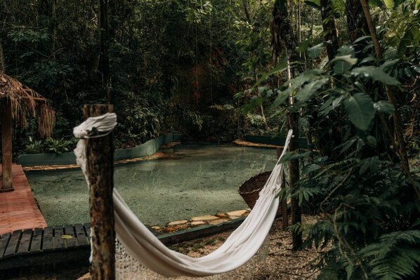 A hammock in a forested area with a small pond and a wooden deck. - JARDIM DA AMAZONIA LODGE (São José do Rio Claro)