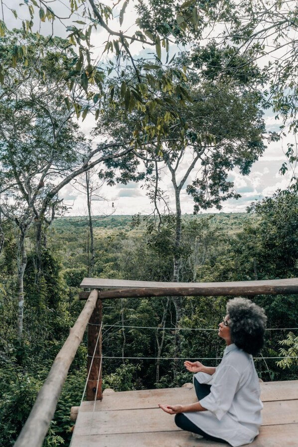 A person sitting on a wooden platform with a view of a forested landscape. - JARDIM DA AMAZONIA LODGE (São José do Rio Claro)