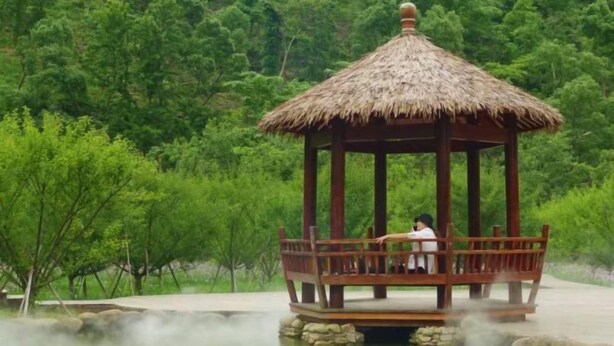 A wooden gazebo with a thatched roof, surrounded by lush greenery. - lingfeng63 (Yueqing)