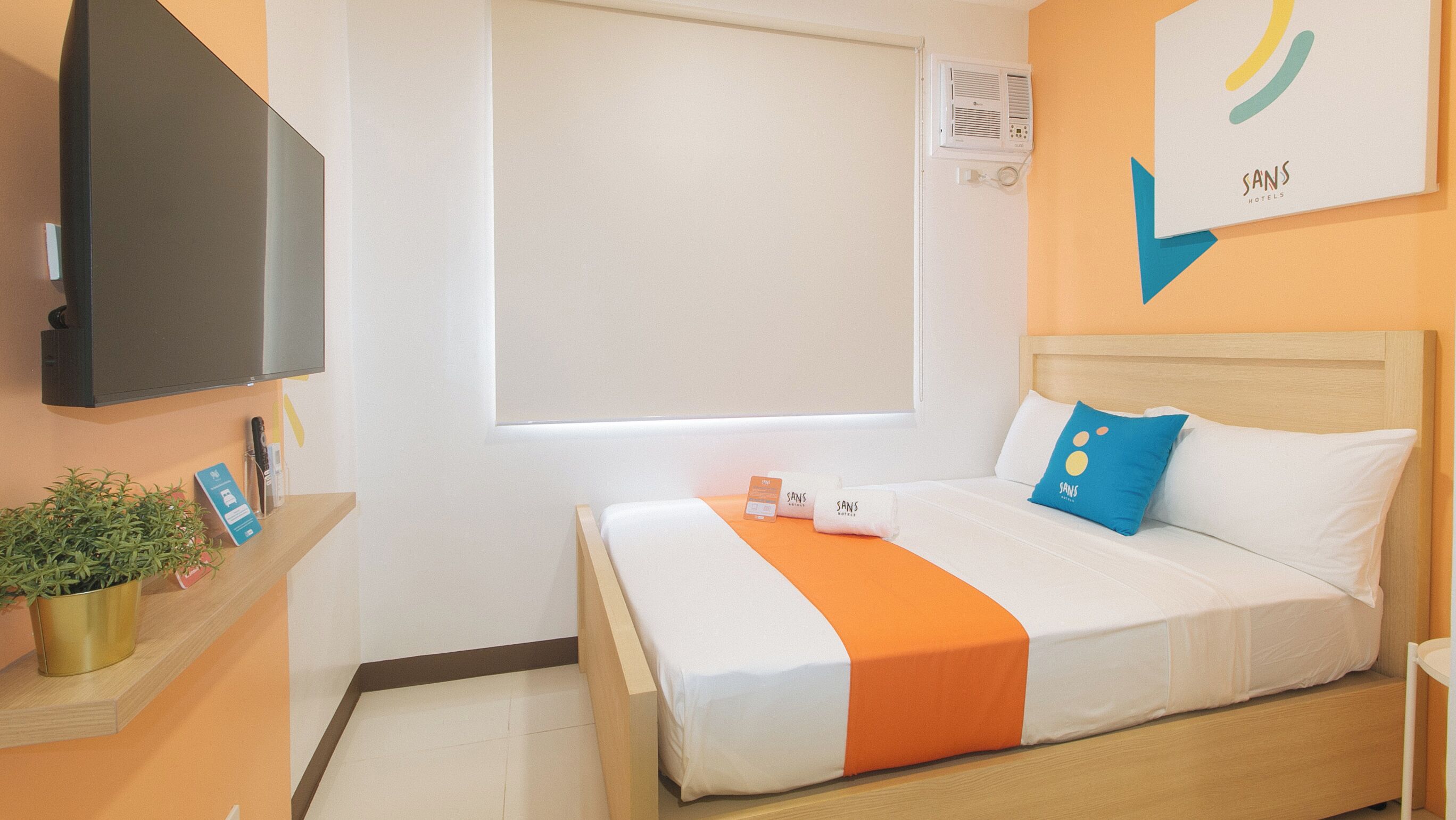 A hotel room with a bed, a TV, a plant, and a wall-mounted air conditioner.