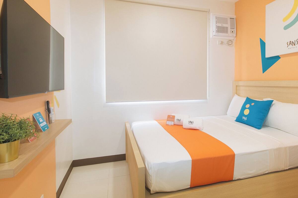 A hotel room with a bed, a TV, a plant, and a wall-mounted air conditioner.