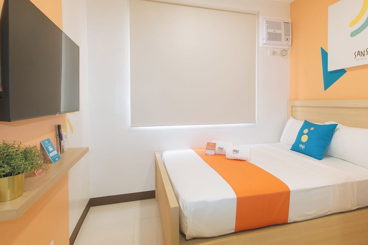 A hotel room with a bed, a TV, a plant, and a wall-mounted air conditioner.