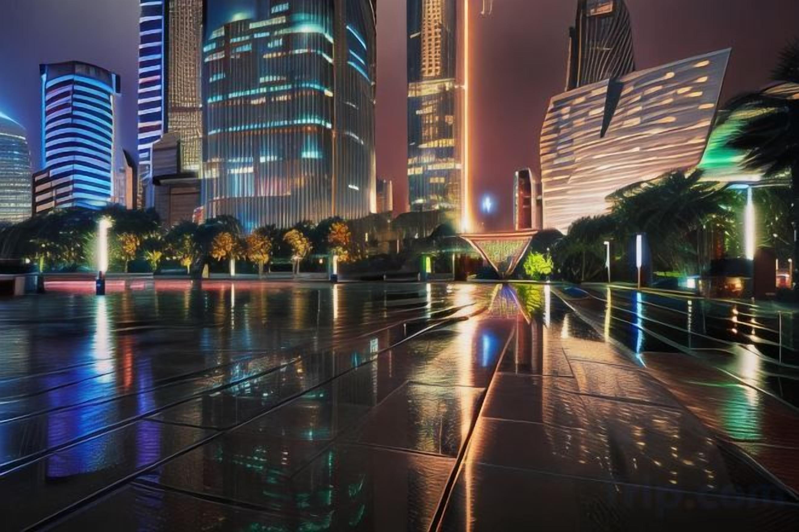 Une vue nocturne d’une ville, avec des bâtiments modernes, une surface d’eau reflétant les lumières et un pont piétonnier.