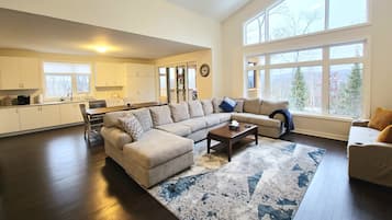 Smart TV, fireplace, books