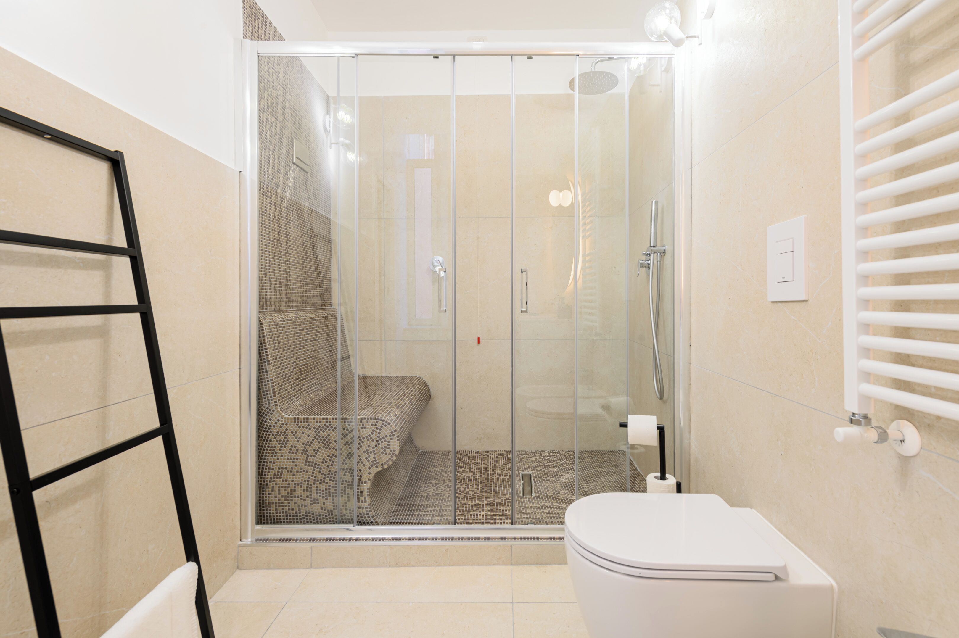 Et moderne badeværelse med en glasafskærmet brusekabine, et hvidt toilet og en håndklædestang.