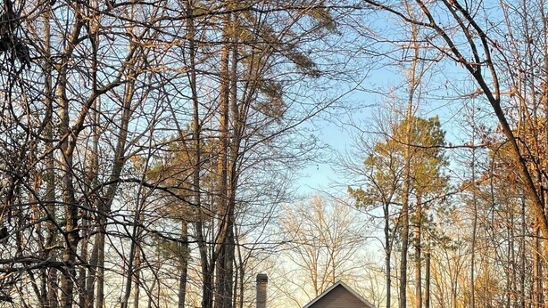 A cabin with a dirt path leading to it, surrounded by trees.