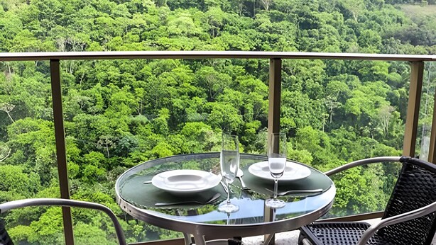 Une table avec deux assiettes et un verre, placée sur un balcon d’où l’on peut admirer une forêt verdoyante et luxuriante.