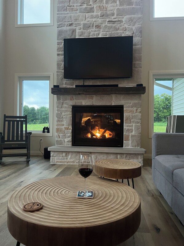 Smart TV, fireplace, video games, foosball