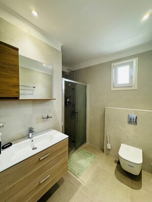 Shower, towels, soap, toilet paper