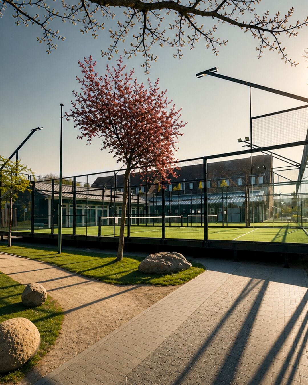 Instalación deportiva con cancha de tenis, un árbol y un edificio de fachada de vidrio.