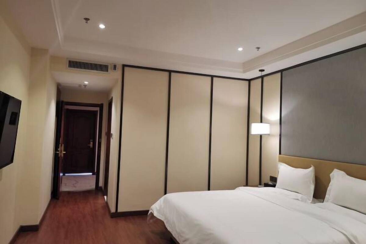 Una habitación de hotel con cama, televisor, armario y lámpara de noche.