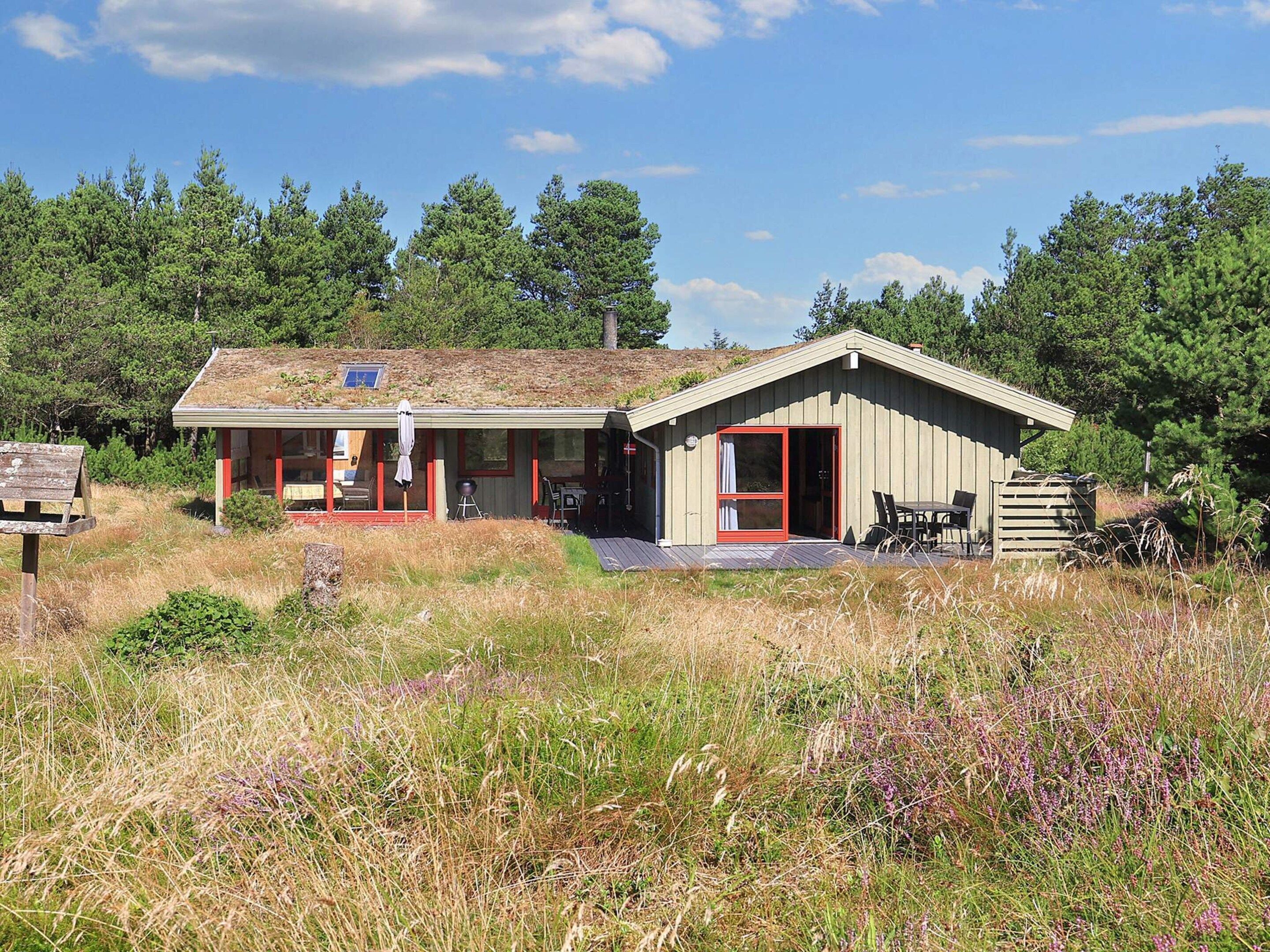Une petite cabane à un seul étage, avec une porte rouge et une véranda couverte, entourée d’une végétation naturelle.