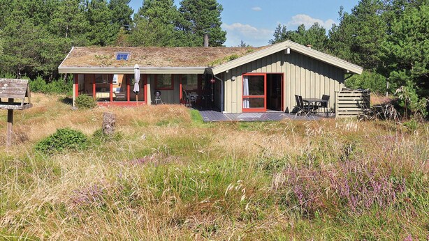 A small, single-story cabin with a red door and a covered porch, surrounded by natural vegetation. - 6 Person Holiday Home in Blokhus (Blokhus)