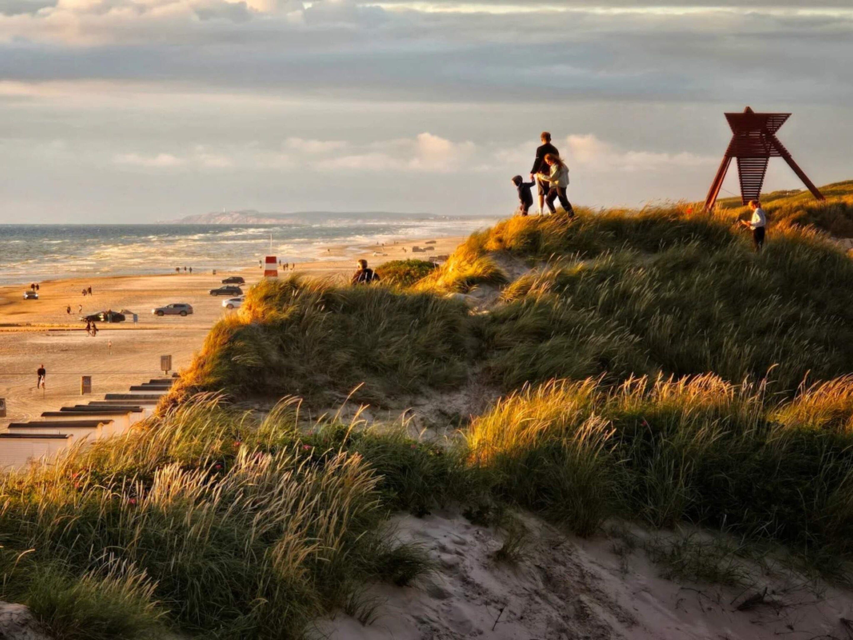A beach with dunes and a lifeguard tower.