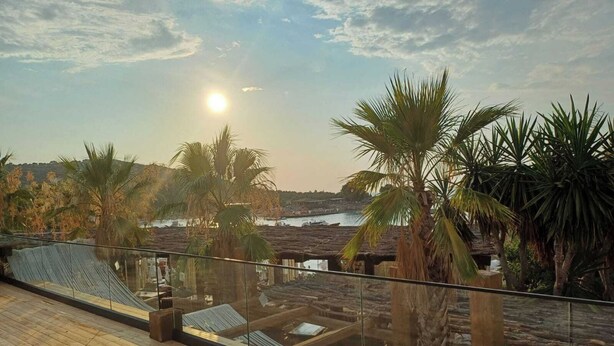 A wooden deck with a glass balustrade overlooking a beach area with palm trees and a view of the sea. - Princi Potes Luxury Suites (Ksamil)
