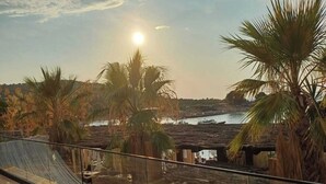 A wooden deck with glass railings overlooking a beach and palm trees. - Princi Potes Luxury Suites (Ksamil)