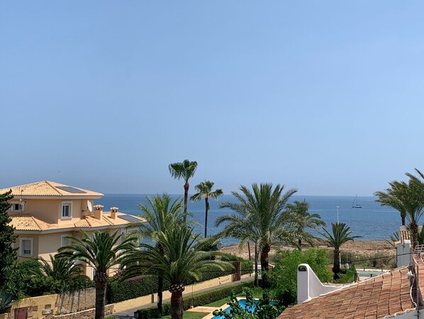 Una propiedad costera con piscina, palmeras y vistas al mar.