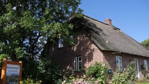 Een klassiek huis met een rieten dak, omringd door weelderig groen en bloeiende planten.