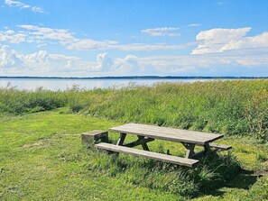A picnic table in a grassy field with a view of a body of water and a clear sky. - 4 Star Holiday Home in Gedsted (Gedsted)