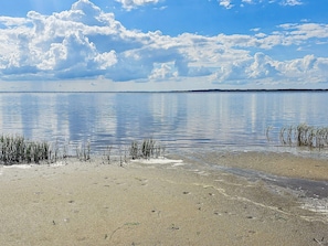 Een rustig meer met een heldere lucht en een zandstrand.
