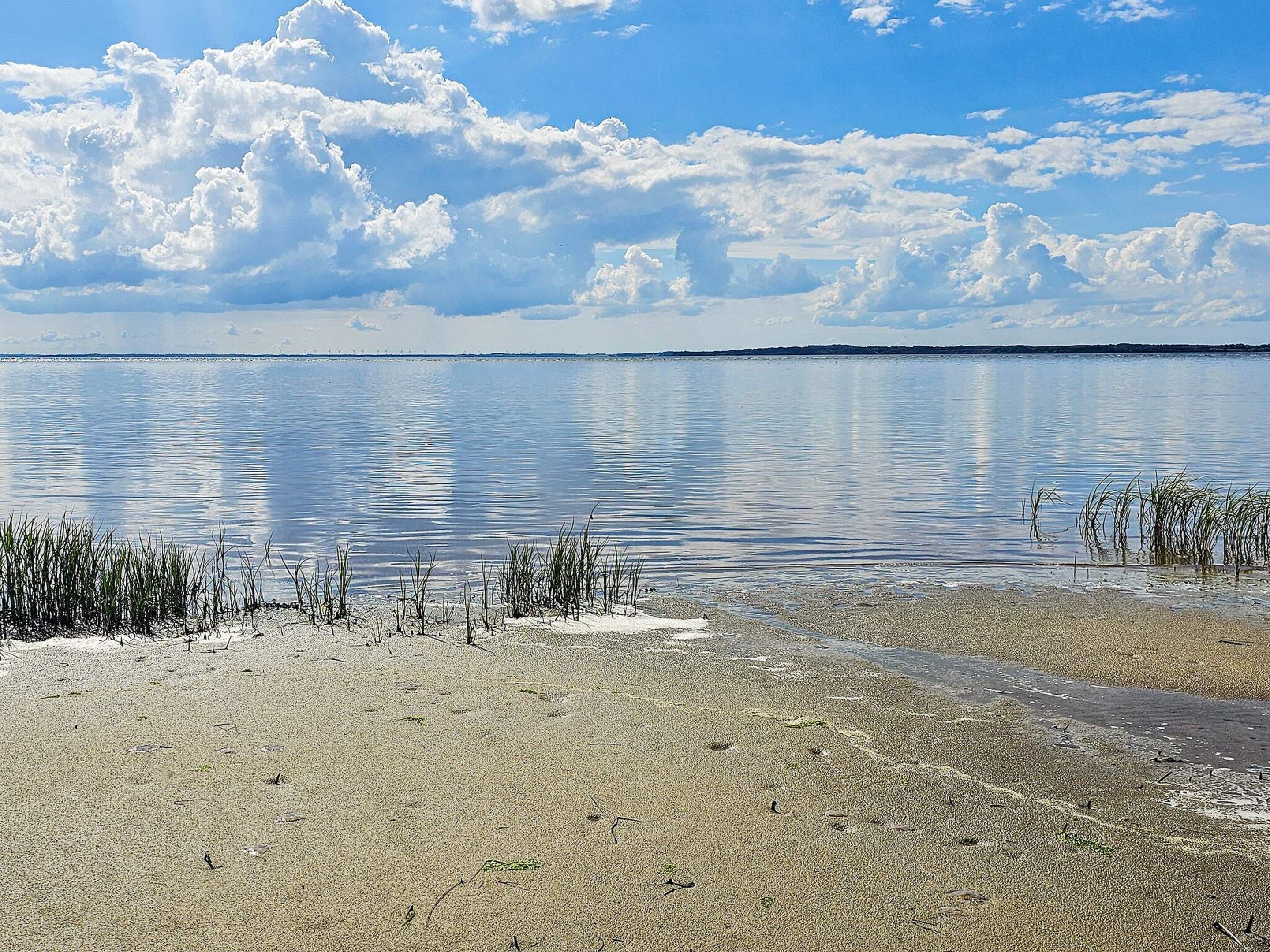 A calm lake with a clear sky and a sandy shore.