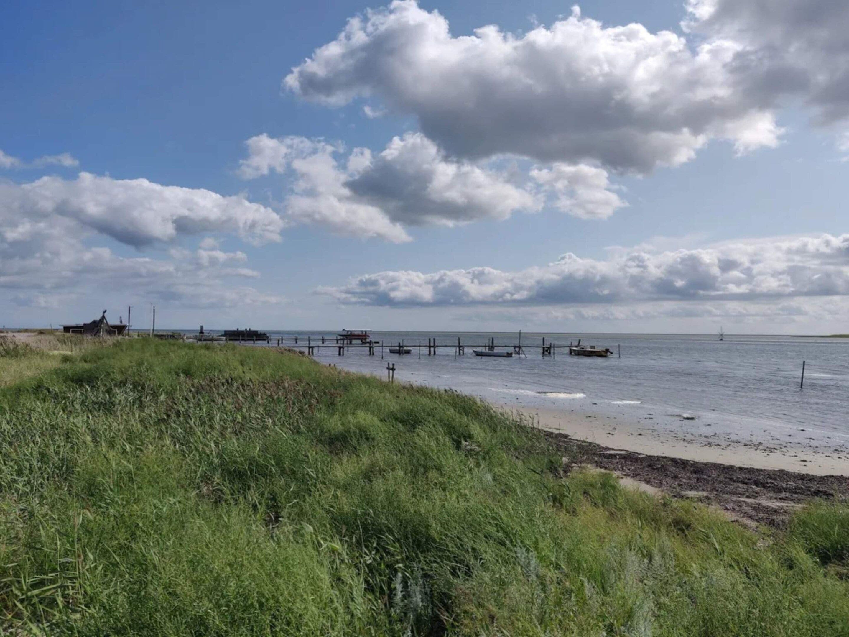 A coastal landscape with grassy dunes, a pier extending into the sea, and a small building on the left.