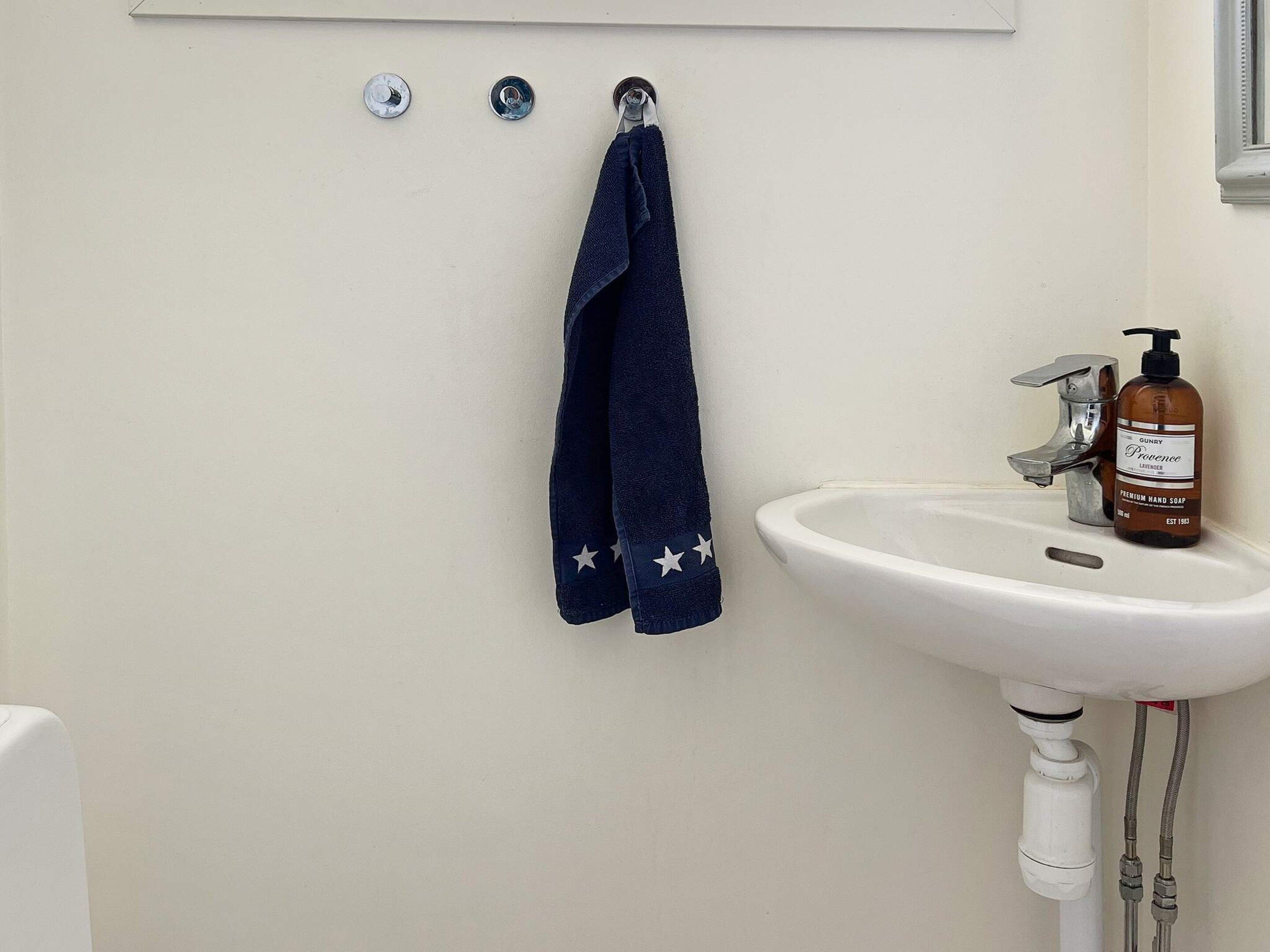 A bathroom with a white sink, a bottle of hand soap, and a towel hanging on a metal hook.