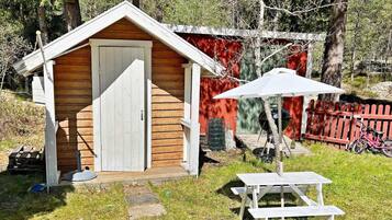 A wooden shed with a door, a picnic table, and a grill in a backyard.