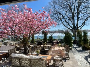 An outdoor seating area with wicker furniture and a view of the sea. - 4 Person Holiday Home in Sjobo (Sjobo)