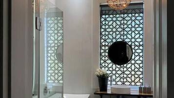 Shower, hair dryer, bidet, towels