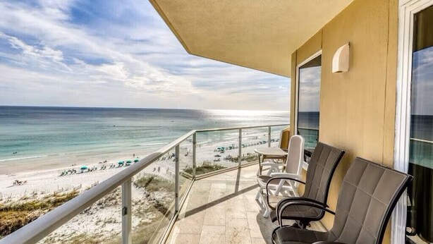 A balcony with a view of a beach and ocean. - Stunning Gulf front condo, shorter stays welcomed, great rates. (DESTIN)