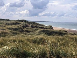 A coastal landscape with grassy dunes, a beach, and a body of water under a cloudy sky. - 4 Person Holiday Home in Thisted (Thisted)